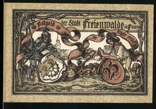 Notgeld Freienwalde 1921, 25 Pfennig, Ritter mit Schild und Frau mit Wappen /Engel mit Feder und Tinte