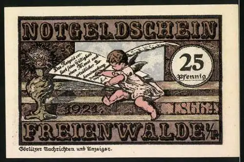 Notgeld Freienwalde 1921, 25 Pfennig, Ritter mit Schild und Frau mit Wappen /Engel mit Feder und Tinte