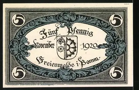 Notgeld Freienwalde, 1920, 5 Pfennig, Vorderseite mit Wappen, Rückseite mit Text und Landschaftsbild