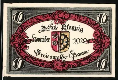 Notgeld Freienwalde i. Pommern, 1920, 10 Pfennig, Wappen und Inschrift
