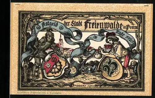 Notgeld Freienwalde 1920, 25 Pfennig, Ritterszene und Stadtwappen mit Serie 30510