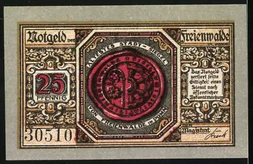 Notgeld Freienwalde 1920, 25 Pfennig, Ritterszene und Stadtwappen mit Serie 30510