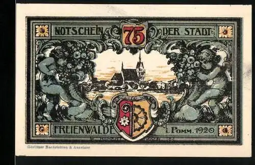 Notgeld Freienwalde, 1920, 75 Pfennig, Stadtansicht mit Siegel und Wappen, Seriennummer 34968, Ornamentverzierungen