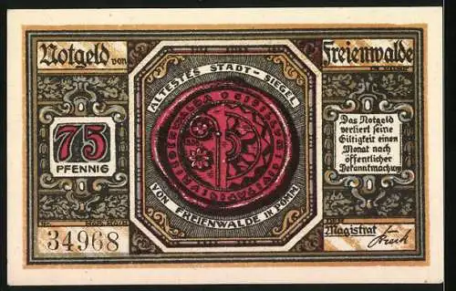 Notgeld Freienwalde, 1920, 75 Pfennig, Stadtansicht mit Siegel und Wappen, Seriennummer 34968, Ornamentverzierungen