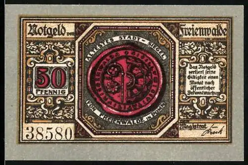 Notgeld Freienwalde, 50 Pfennig, Vorderseite mit Stadtwappen und Rückseite mit Blumendekoration und Kind