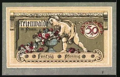 Notgeld Freienwalde, 50 Pfennig, Vorderseite mit Stadtwappen und Rückseite mit Blumendekoration und Kind