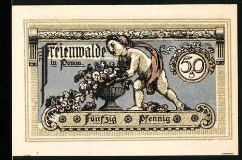 Notgeld Freienwalde in Pommern, 1921, 50 Pfennig, Kind mit Blumen und Engel mit Schriftrolle