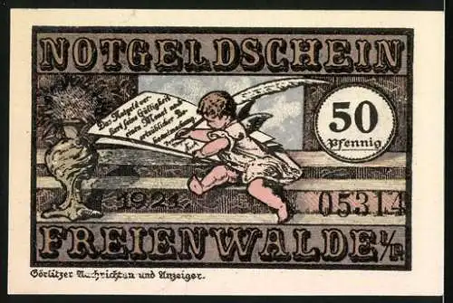 Notgeld Freienwalde in Pommern, 1921, 50 Pfennig, Kind mit Blumen und Engel mit Schriftrolle