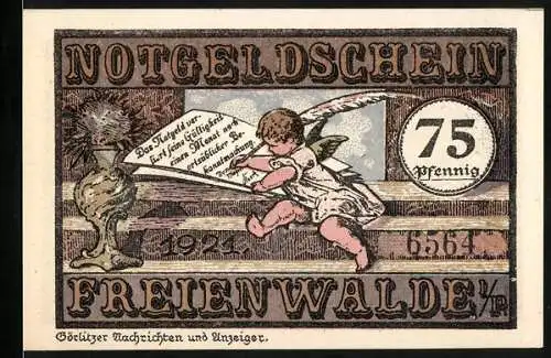 Notgeld Freienwalde, 1921, 75 Pfennig, Engel mit Blütenkelch und Stadtansicht mit Wappen