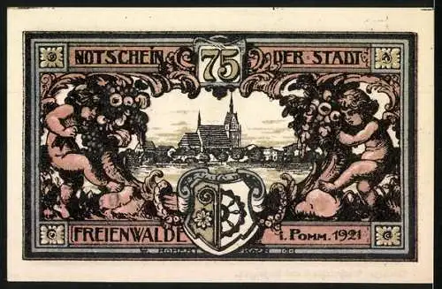 Notgeld Freienwalde, 1921, 75 Pfennig, Engel mit Blütenkelch und Stadtansicht mit Wappen