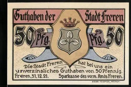 Notgeld Freren, 1921, 50 Pfennig, Guthaben der Stadt Freren mit Stadtwappen und Stadtansicht