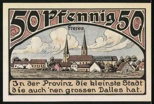 Notgeld Freren, 1921, 50 Pfennig, Guthaben der Stadt Freren mit Stadtwappen und Stadtansicht