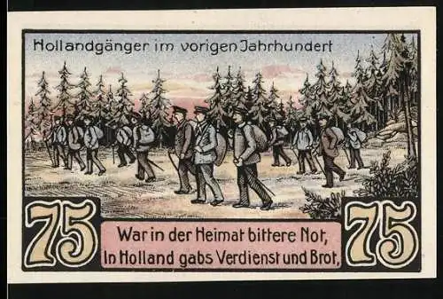 Notgeld Freren, 1921, 75 Pfennig, Hollandgänger im vorigen Jahrhundert, Guthaben der Stadt Freren