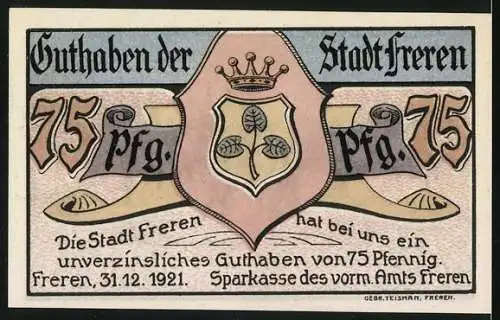Notgeld Freren, 1921, 75 Pfennig, Hollandgänger im vorigen Jahrhundert, Guthaben der Stadt Freren