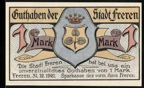 Notgeld Freren, 1921, 1 Mark, Wappen mit Krone und Blättern, Rückseite mit Hünenstein und Waldszene