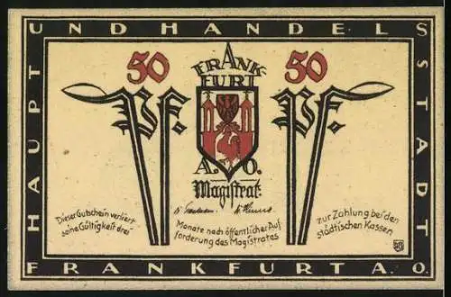 Notgeld Frankfurt a. d. Oder, 50 Pfennig, Rathausabbildung mit Schriftzug Die Ketten reissen, Not bricht Eisen