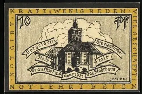 Notgeld Frankfurt a. O. 1921, 10 Pfennig, Stadtansicht mit Stadthaus und Stadtwappen