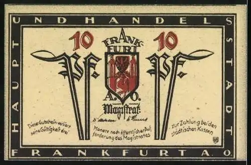 Notgeld Frankfurt a. O. 1921, 10 Pfennig, Stadtansicht mit Stadthaus und Stadtwappen