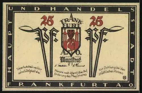 Notgeld Frankfurt a. d. Oder, 25 Pfennig, Rathaus und Wappen, Haupt- und Handelsstadt, mehrfarbig