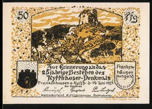 Notgeld Frankenhausen 1921, 50 Pfennig, 25-jähriges Bestehen des Kyffhäuser-Denkmals und Huldigung deutscher Flieger