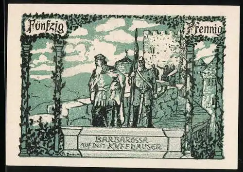 Notgeld Frankenhausen 1921, 50 Pfennig, Barbarossa auf dem Kyffhäuser, 2-jähriges Bestehen des Kyffhäuser-Denkmals