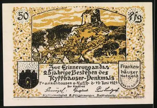 Notgeld Frankenhausen 1921, 50 Pfennig, Barbarossa auf dem Kyffhäuser, 2-jähriges Bestehen des Kyffhäuser-Denkmals