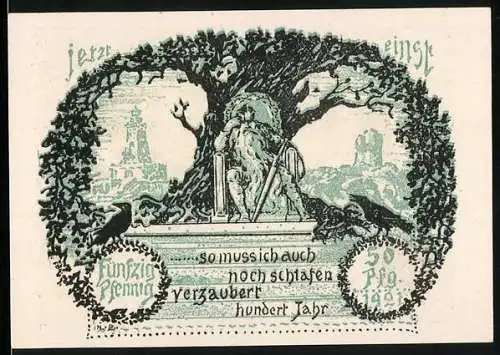 Notgeld Frankenhausen 1921, 50 Pfennig, Zum 25-jährigen Bestehen des Kyffhäuser-Denkmals, schlafender König auf Thron