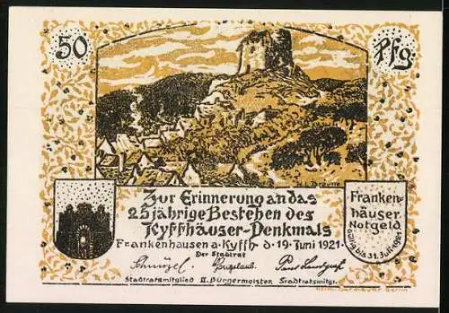 Notgeld Frankenhausen 1921, 50 Pfennig, Zum 25-jährigen Bestehen des Kyffhäuser-Denkmals, schlafender König auf Thron