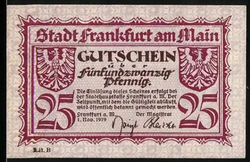 Notgeld Frankfurt am Main, 1919, 25 Pfennig, Gutschein mit Stadtansicht und Wappen