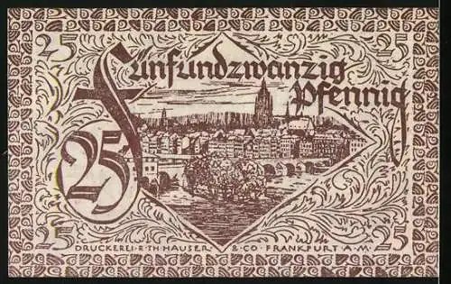 Notgeld Frankfurt am Main, 1919, 25 Pfennig, Gutschein mit Stadtansicht und Wappen