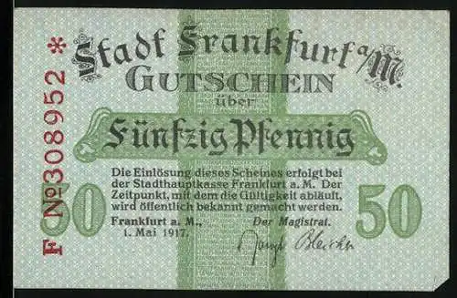 Notgeld Frankfurt am Main, 1917, 50 Pfennig, Stadtgutschein mit Adlerwappen und Magistratssignatur