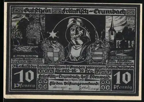 Notgeld Fränkisch-Crumbach, 1921, 10 Pfennig, Historische Figuren und Landschaft, schwarz-weiss Illustration