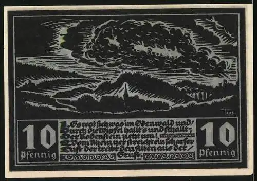 Notgeld Fränkisch-Crumbach, 1921, 10 Pfennig, Historische Figuren und Landschaft, schwarz-weiss Illustration