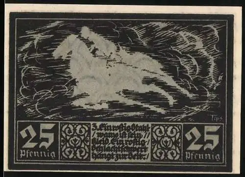 Notgeld Fränkisch-Crumbach 1920, 25 Pfennig, Darstellung eines Reiters und eines Ritters mit Wappen und Stadtansicht