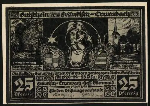 Notgeld Fränkisch-Crumbach 1920, 25 Pfennig, Darstellung eines Reiters und eines Ritters mit Wappen und Stadtansicht