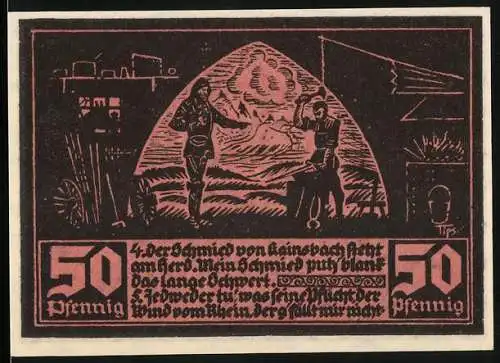 Notgeld Fränkisch-Crumbach 1921, 50 Pfennig, Der Schmied von Kainsbach und Ritter mit Burg im Hintergrund