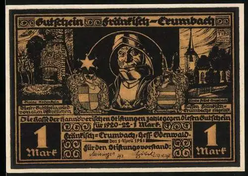 Notgeld Fränkisch Crumbach 1921, 1 Mark, Schwarz-Weiss mit Burgen und Mann mit Helm