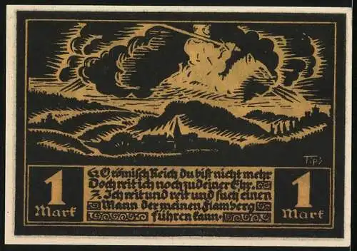 Notgeld Fränkisch Crumbach 1921, 1 Mark, Schwarz-Weiss mit Burgen und Mann mit Helm