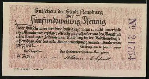 Notgeld Flensburg 1920, 25 Pfennig, Tauziehen, Jungs holt fast, Gutschein der Stadt Flensburg
