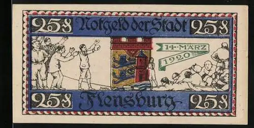 Notgeld Flensburg 1920, 25 Pfennig, Illustration von Menschen und Wappen, Rückseite mit Text und rotem Muster