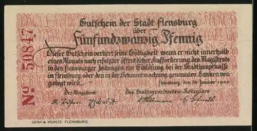 Notgeld Flensburg 1920, 25 Pfennig, Illustration von Menschen und Wappen, Rückseite mit Text und rotem Muster