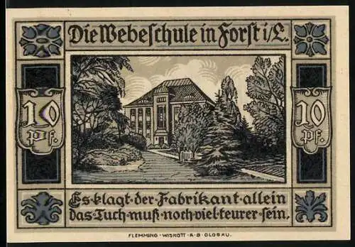 Notgeld Forst, 1921, 10 Pf, Webeschule und Stadtwappen mit Hirschgeweih und Hammer-Symbolen