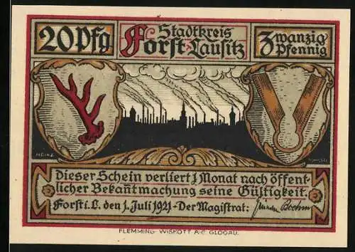 Notgeld Forst in der Lausitz 1921, 20 Pfennig, Fabriklandschaft und Weber am Webstuhl