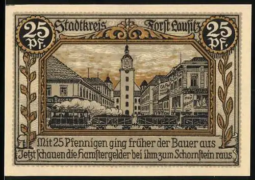 Notgeld Forst Lausitz 1921, 25 Pfennig, Stadtansicht und Wappen mit Hirschen