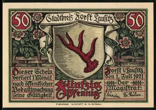 Notgeld Forst Lausitz, 1921, 50 Pfennig, Vorderseite Wappen mit Hirschgeweih, Rückseite Rosengarten mit Brunnen