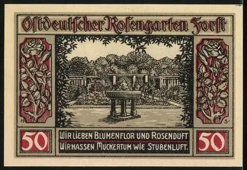 Notgeld Forst Lausitz, 1921, 50 Pfennig, Vorderseite Wappen mit Hirschgeweih, Rückseite Rosengarten mit Brunnen