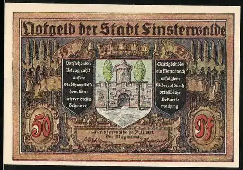 Notgeld Finsterwalde 1921, 50 Pf, Vorderseite Wappen und Rückseite historische Szene