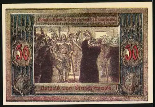 Notgeld Finsterwalde 1921, 50 Pf, Vorderseite Wappen und Rückseite historische Szene