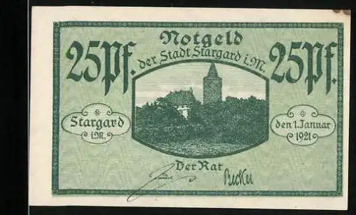 Notgeld Stargard 1921, 25 Pfennig, Stadtansicht mit Turm und Wappen der Stadt
