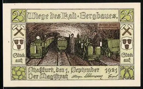 Notgeld Stassfurt 1921, 25 Pfennig, Wiege des Kali-Bergbaues, Bergleute und Grubenszene